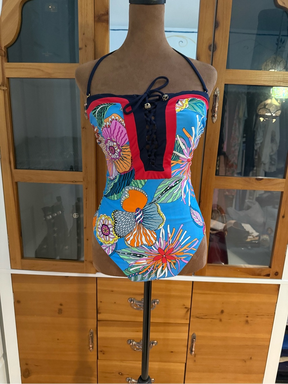 Trina Turk Blue Floral One-Piece with Red Trim